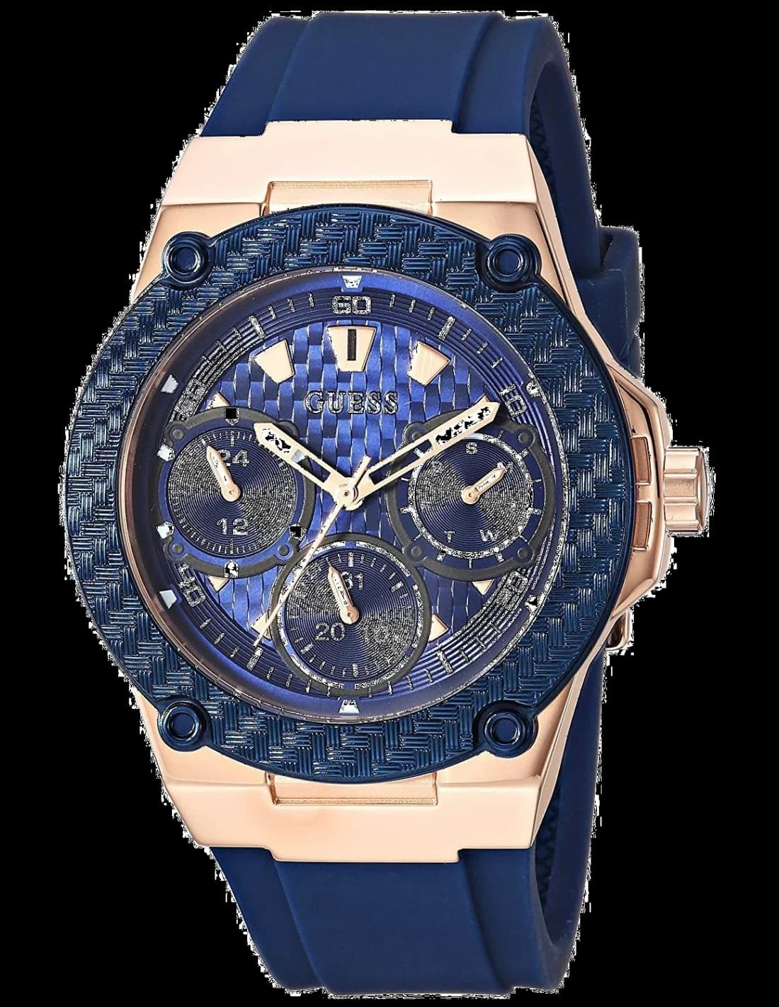 Montre Femme Guess Zena W1094L2 - Cadran Bleu Carbone, Bracelet Silicone Bleu, Boîtier Or Rose