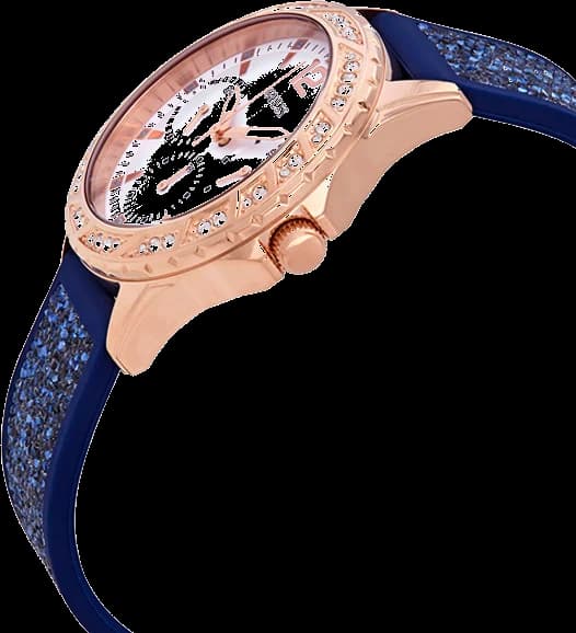 Visage cadran Guess W1096L4 arborant index appliqués et aiguilles dauphines, date à 3h