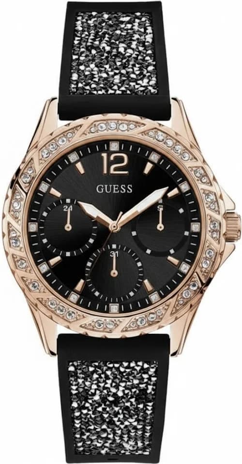 Montre Femme Guess Swirl W1096L5 - Boîtier Or Rose, Cadran Noir, Bracelet Silicone Noir avec Cristaux