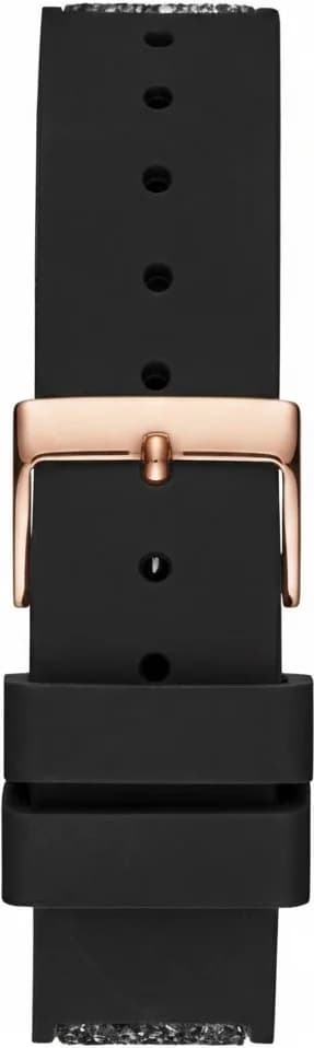 Attache bracelet Guess W1096L5 en silicone noir texturé avec fermoir boucle ardillon en métal rose gold, maillons souples ajustables pour confort quotidien