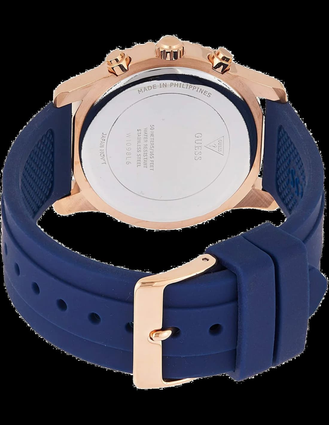 Visage cadran Guess W1098L6 orné de paillettes confetti, index argentés et aiguilles en or rose