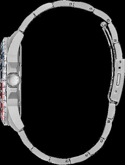 Visage cadran Guess W1107G2 avec index appliqués et aiguilles bâton sur fond bleu dégradé