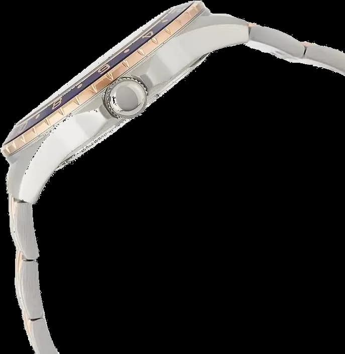 Visage cadran Guess W1107G3 dévoile un guichet date à 3h, aiguilles dauphine et index bâtons argent et or rose