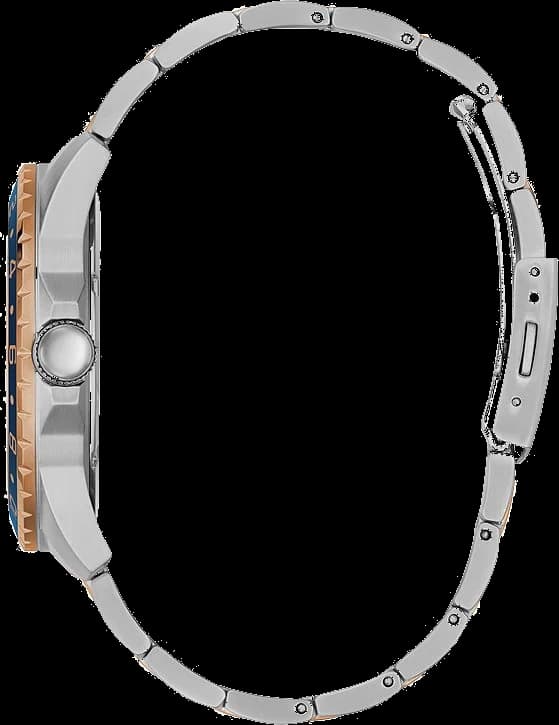 Attache bracelet Guess W1107G3 en acier bicolore or rose PVD et argent, fermoir déployant double sécurité gravé Guess