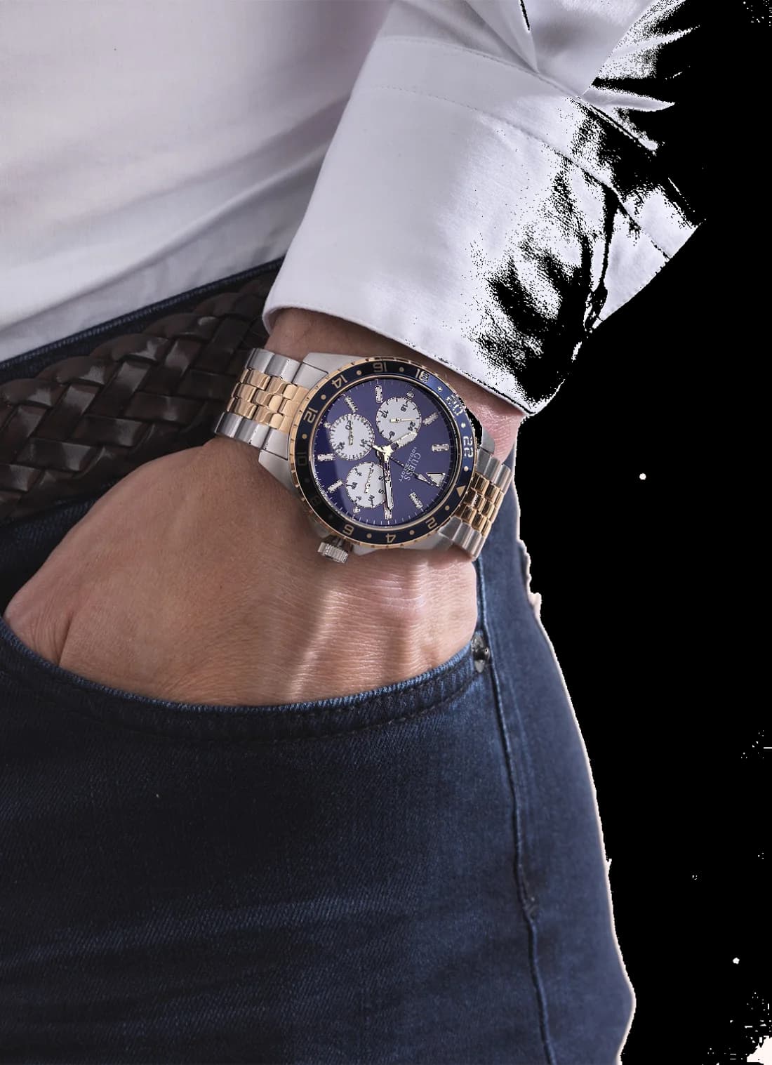 Montre Guess Odyssey W1107G3 pour Homme - Cadran bleu, bracelet acier bicolore or rose et argent vue 5