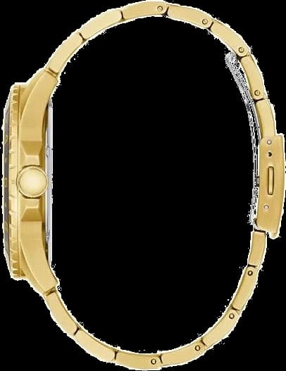 Visage cadran Guess W1107G4 noir soleillé, index appliques dorés, aiguilles dorées bâton, compteurs 24h/60s/30min et guichet jour-date à 3h