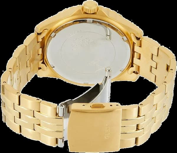 Attache bracelet Guess W1107G4 maillons acier doré, fermoir déployant triple boutons-poussoirs, finition polie et satinée alternée