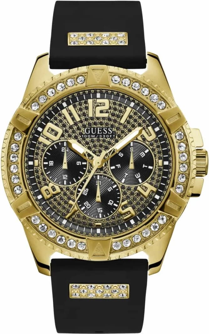 Montre Homme Guess Frontier W1132G1 - Boîtier Doré Strass, Cadran 48mm, Bracelet Silicone Noir