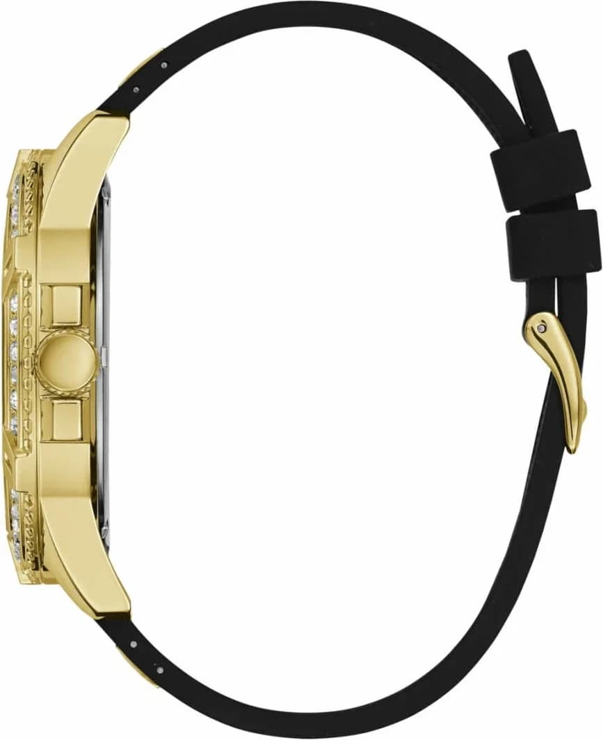 Visage cadran Guess W1132G1 affichant index bâtons dorés, aiguilles luminescentes et guichet date à 3h