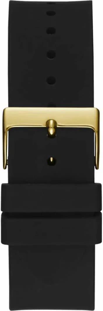 Attache bracelet Guess W1132G1 en silicone noir texturé avec boucle ardillon dorée et inscriptions Guess gravées