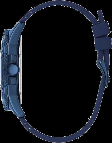 Visage cadran Guess W1132G4 avec index appliques et aiguilles argentées, date à 3h, fond bleu soleillé