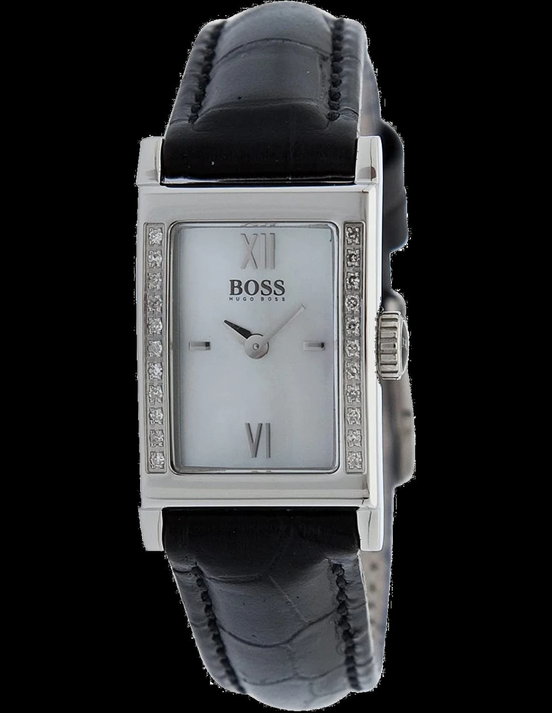 Montre Hugo Boss 1502192 pour femme, boîtier argent rectangulaire et bracelet cuir noir