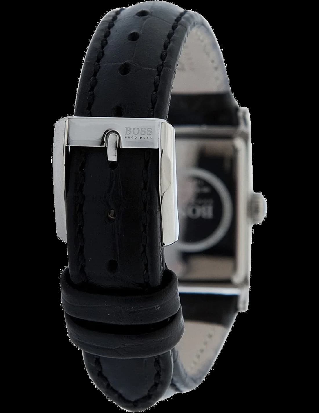 Montre Hugo Boss 1502192 pour femme, boîtier argent rectangulaire et bracelet cuir noir vue 2