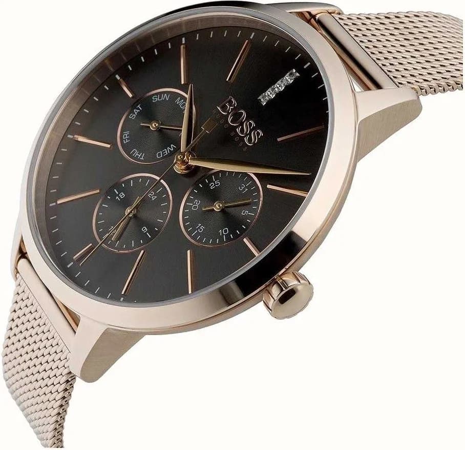 Visage cadran Hugo Boss 1502424 affichant index appliqués dorés, aiguilles fines et date à 3h, mouvement quartz précis