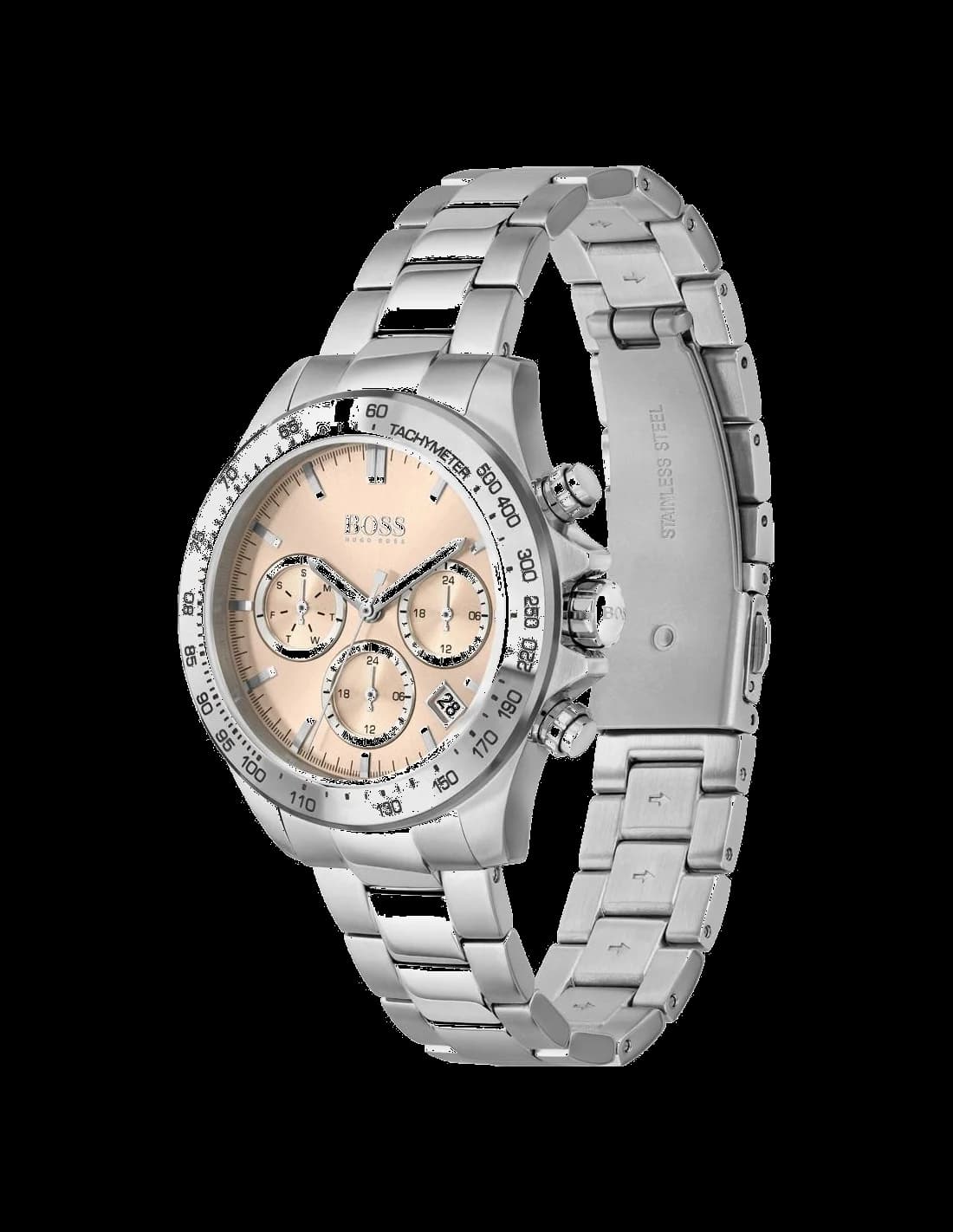 Visage cadran Hugo Boss 1502615 avec index bâton polis et aiguilles luminescentes, date à 3h, fond corail texturé