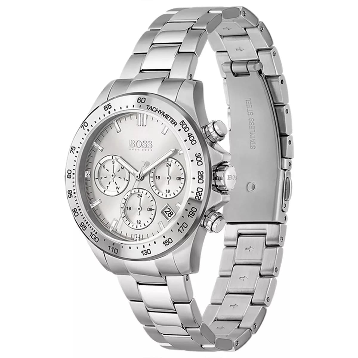 Visage cadran Hugo Boss 1502616 dévoile trois compteurs de chronographe, guichet date à 4h30, aiguilles luminescentes et échelle tachymétrique