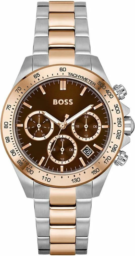 Montre Hugo Boss Sport Lux 1502617 Femme - Cadran Marron Soleillé, Bracelet Acier Bicolore Argent/Or Rose