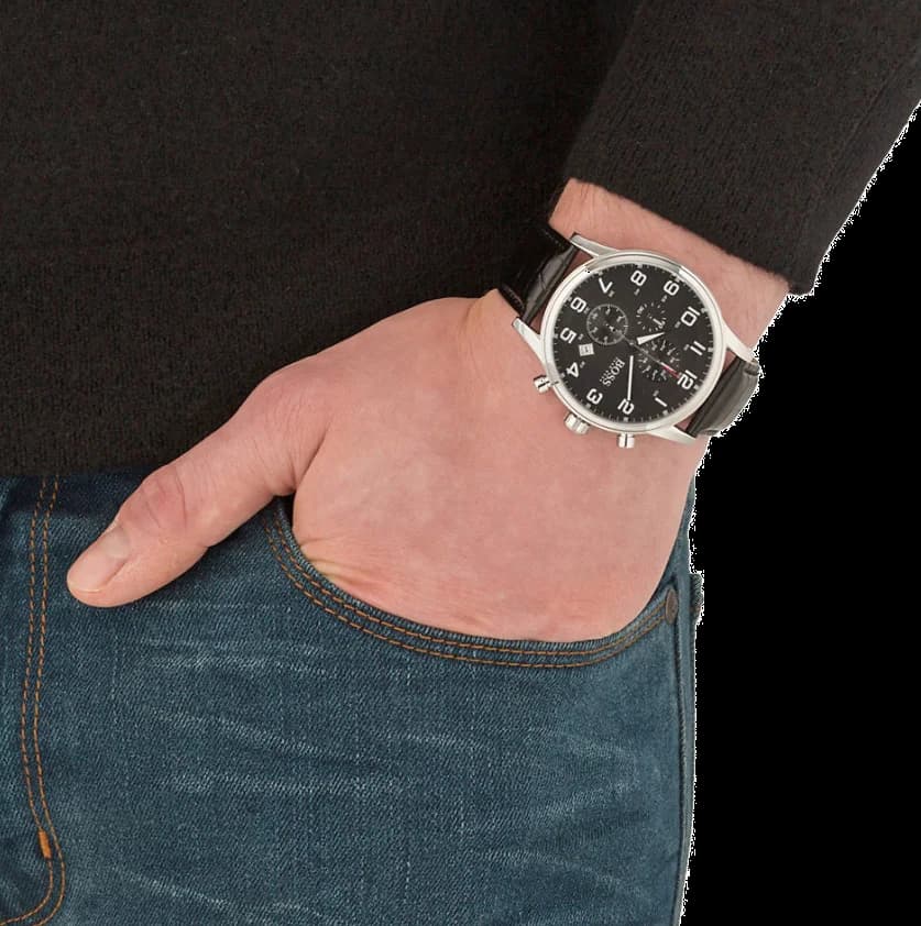 Attache bracelet Hugo Boss 1512448 en cuir noir grainé cousu, fermoir boucle ardillon acier inoxydable brossé, confort assuré