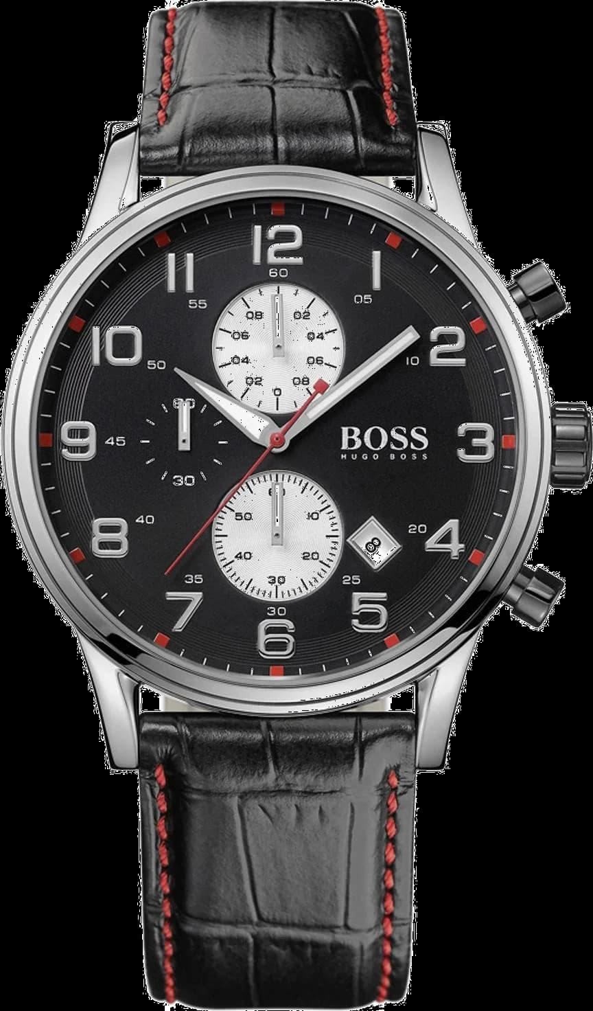 Montre Homme Hugo Boss 1512631 - Cadran Noir, Bracelet Cuir Crocodile Noir et Surpiqûres Rouges