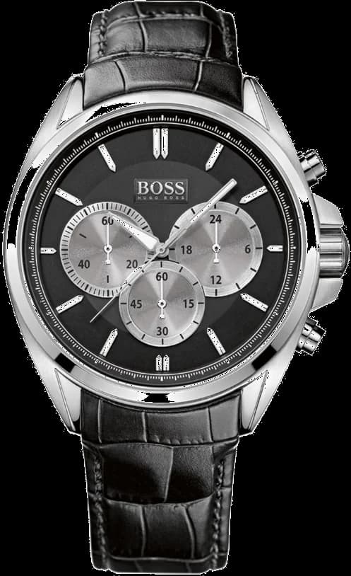 Garde-temps Hugo Boss 1512879 présentant cadran noir soleillé, aiguilles argentées et compteurs chronographe sur fond contrasté