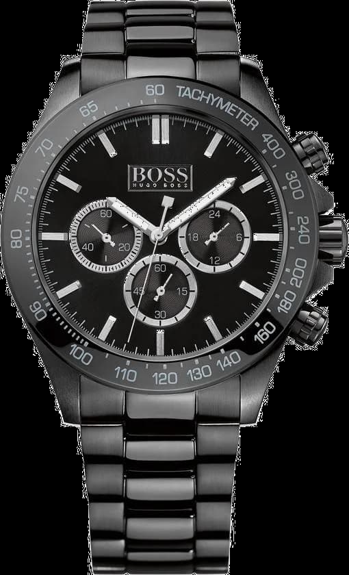 Garde-temps Hugo Boss 1512961 avec cadran noir soleil, aiguilles argentées et index bâton, style sport-élégant