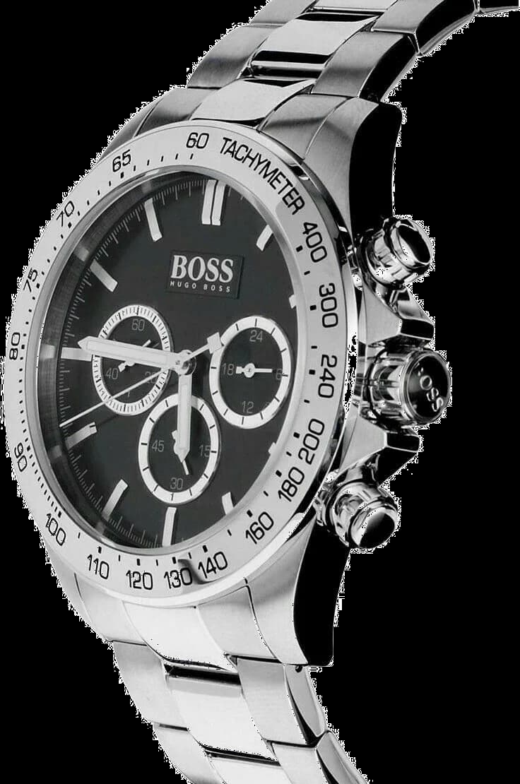Visage cadran Hugo Boss 1512965 avec index appliques et aiguilles luminescentes, date à 3h, mouvement quartz précis