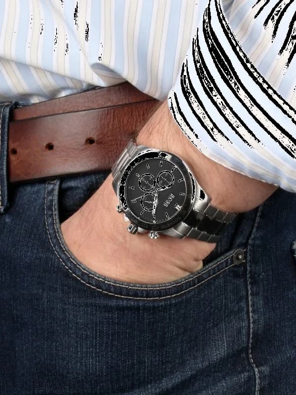 Attache bracelet Hugo Boss 1512965 en acier inoxydable brossé à boucle déployante, maillons satinés, confort optimal
