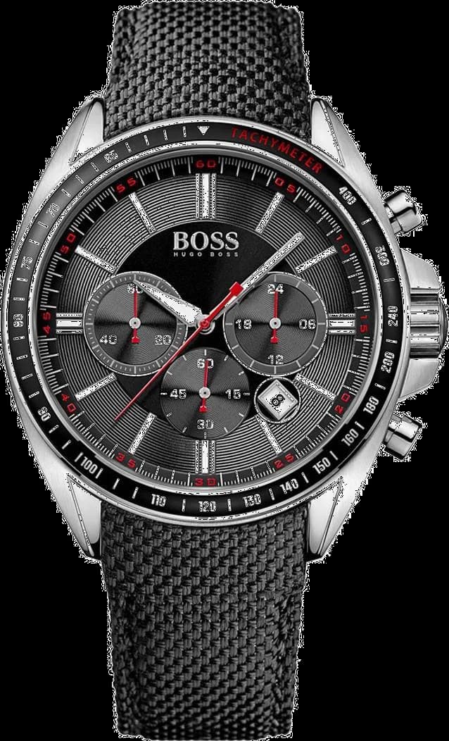 Garde-temps Hugo Boss 1513087 chronographe acier et cuir noir, cadran gris soleillé, compteurs noirs, aiguilles luminescentes