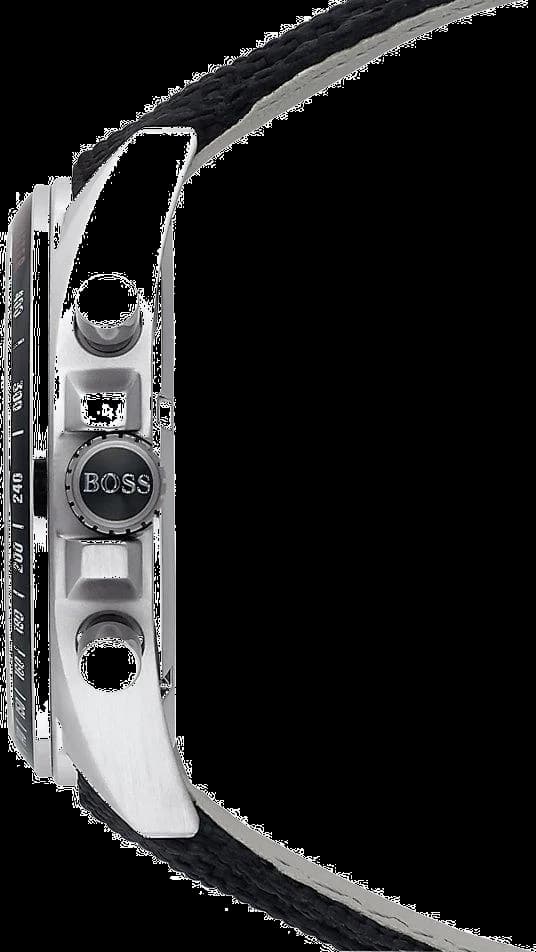 Visage cadran Hugo Boss 1513087 affichage date à 3h, compteurs 24h/30min/60sec, index appliques et aiguilles bâton argentées