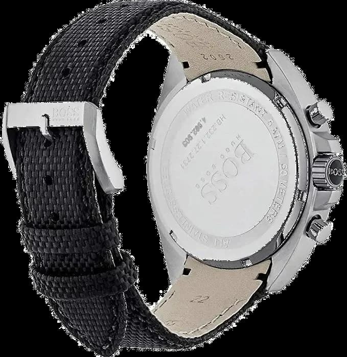 Attache bracelet Hugo Boss 1513087 cuir noir cousu surpiqué, fermoir déployant triple repliage acier brossé gravé logo Hugo Boss