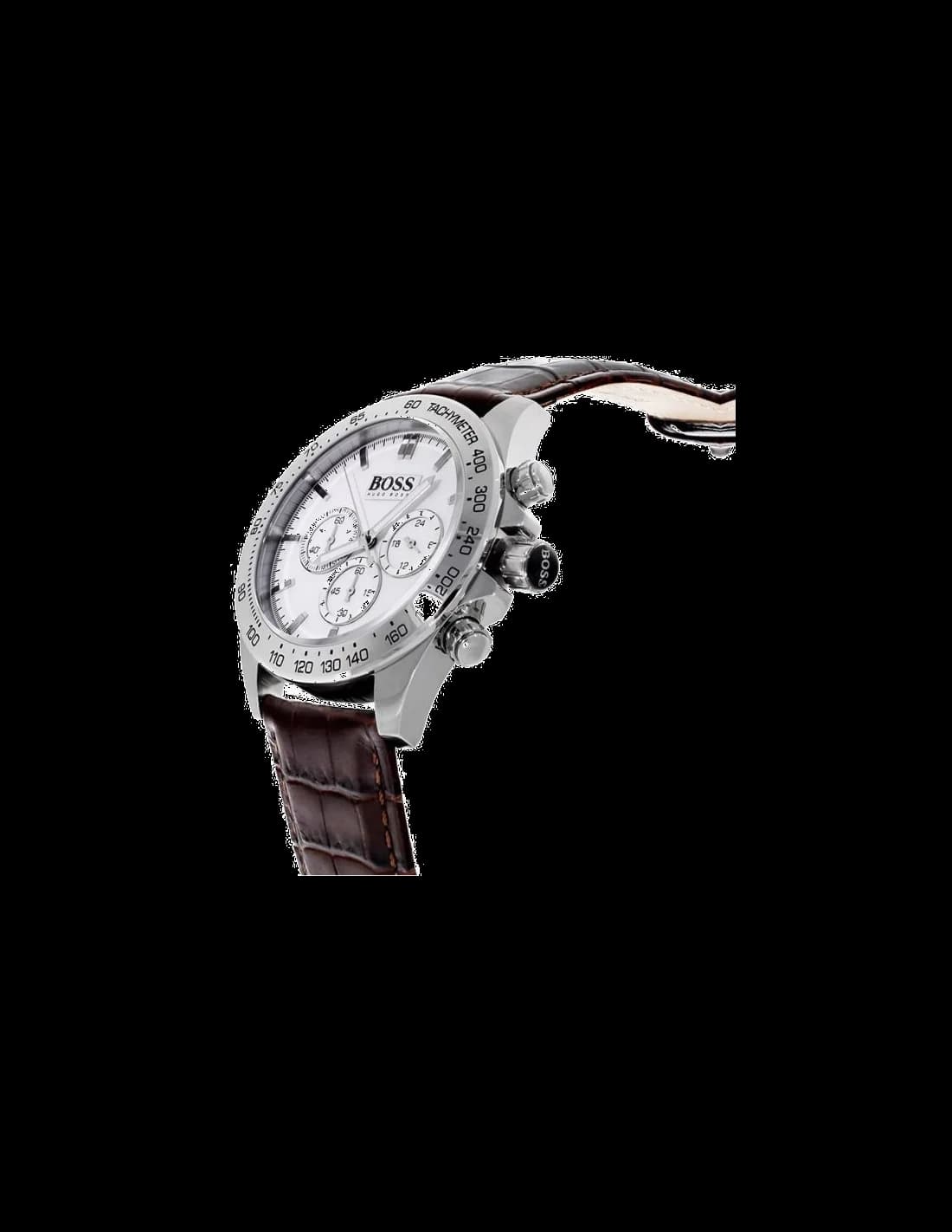 Attache bracelet Hugo Boss 1513175 en cuir marron cousu, boucle ardillon en acier inoxydable brossé