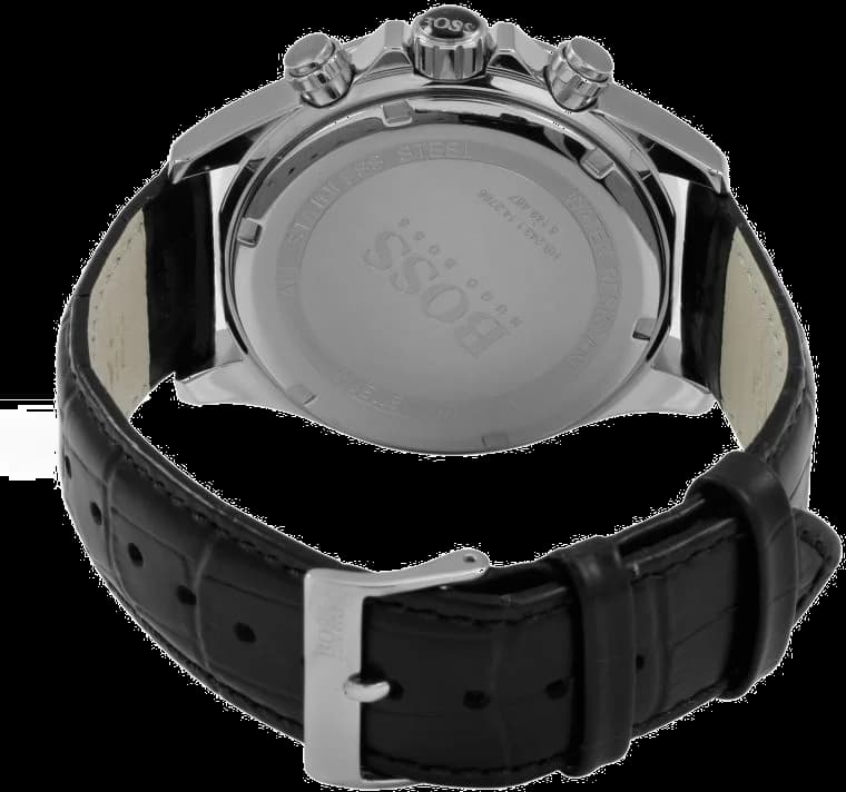 Attache bracelet Hugo Boss 1513178 présentant un cuir noir grainé effet crocodile avec boucle ardillon signée Hugo Boss