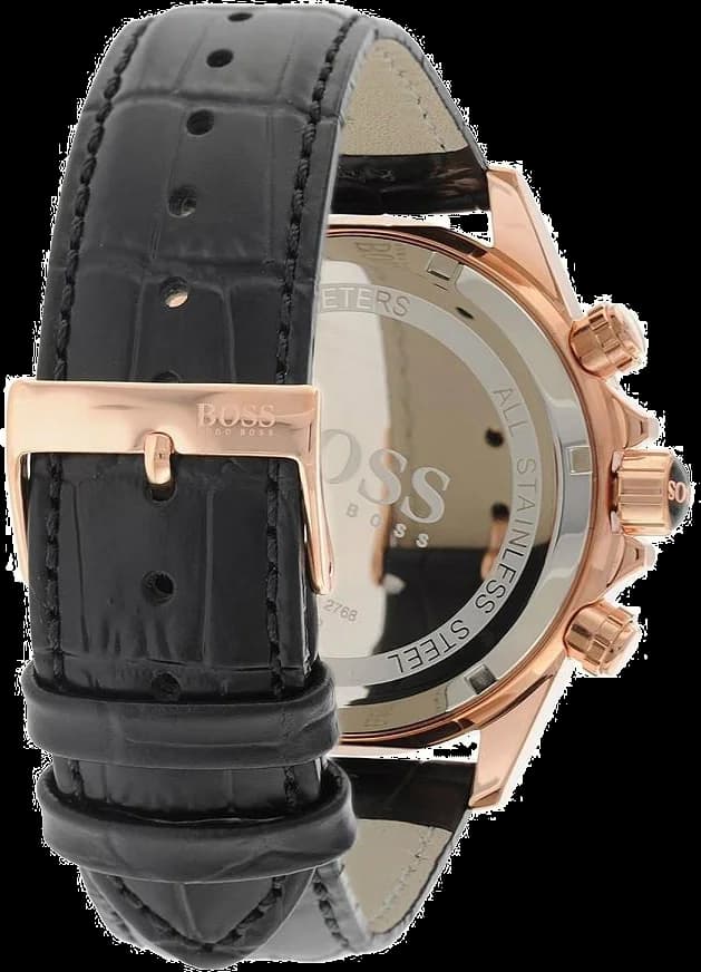 Attache bracelet Hugo Boss 1513179 en cuir noir grainé, boucle ardillon acier, coutures contrastées, fermoir sécurisé