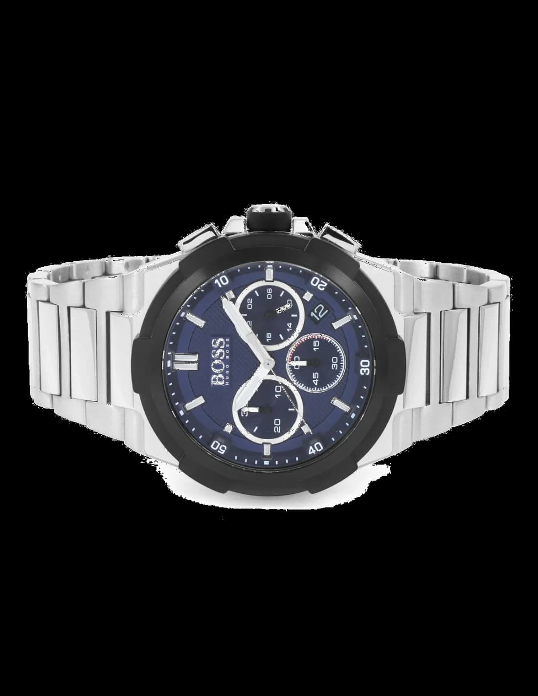 Visage cadran Hugo Boss 1513360 détail des index bâton argentés, aiguilles dauphine, guichet date à 4h30, compteurs 30mn et 12h