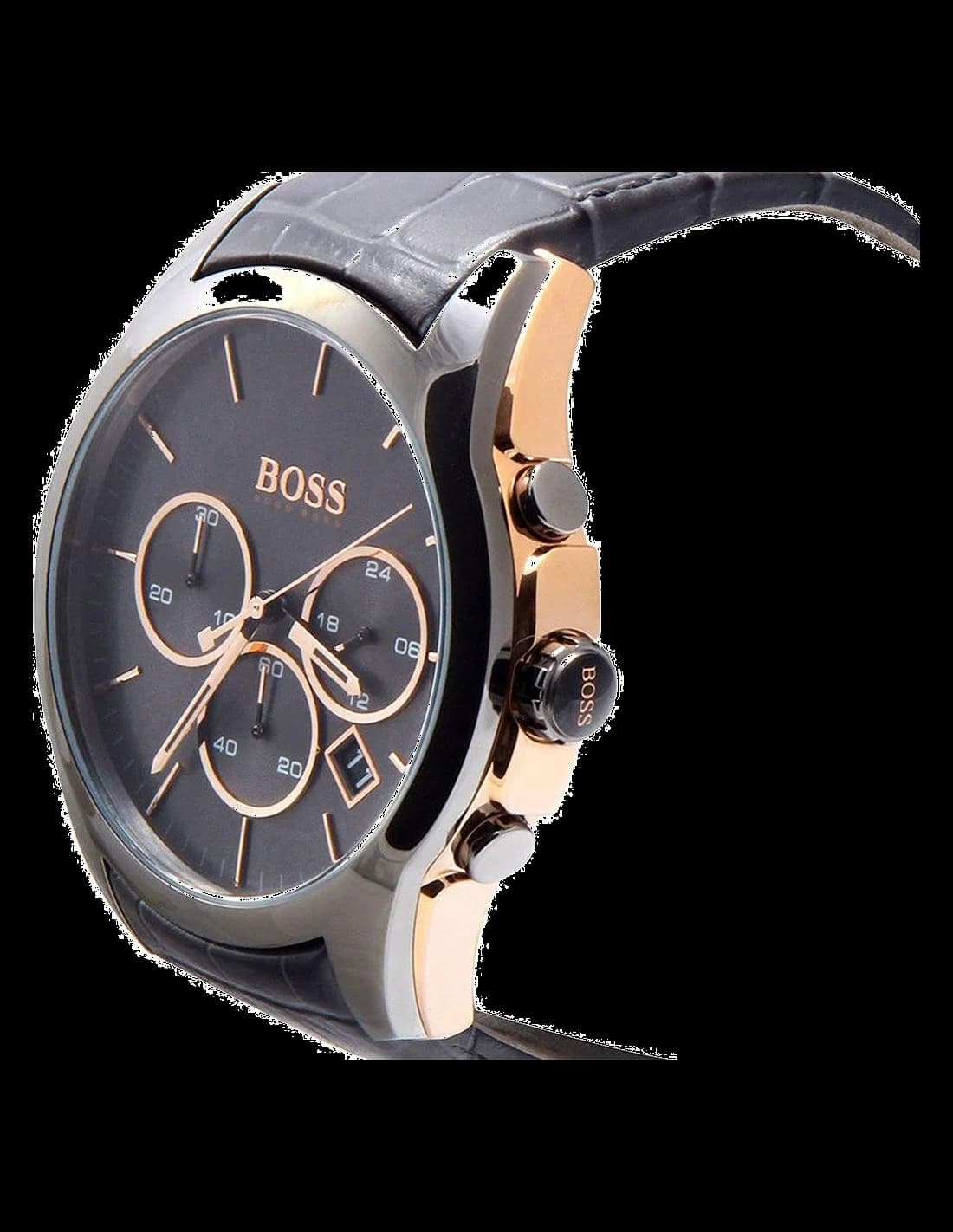 Visage cadran Hugo Boss 1513366 présentant index appliqués bâtons, aiguilles squelettes or rose, guichet date à 4h30