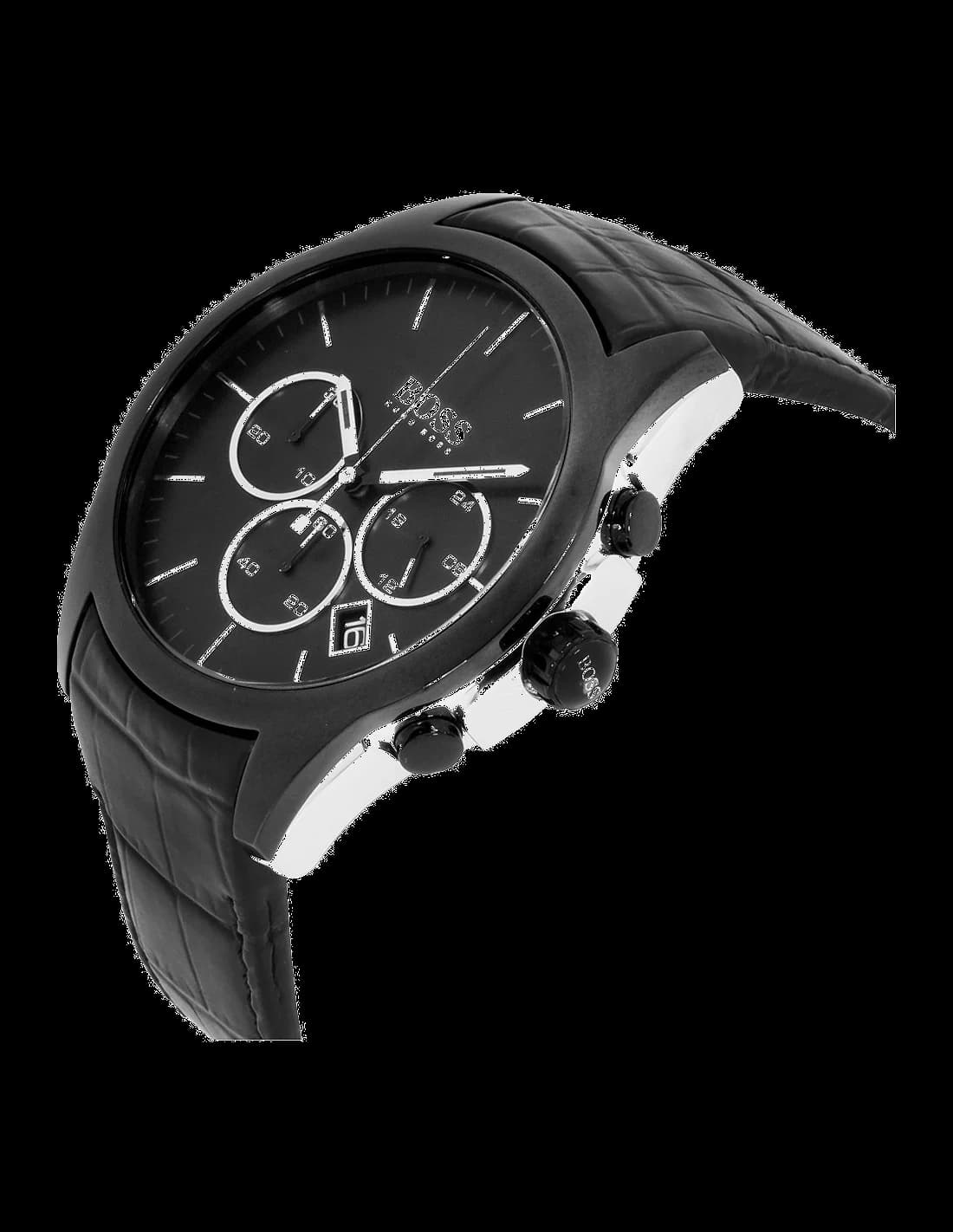Visage cadran Hugo Boss 1513367 orné d'index appliqués argentés et aiguilles baton sur fond noir mat