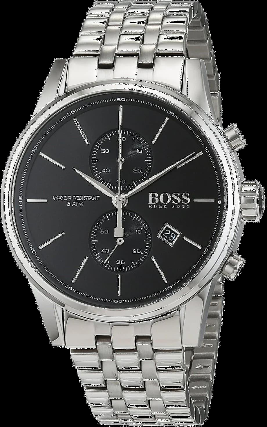 Garde-temps Hugo Boss 1513383 boîtier acier brossé 42mm cadran noir soleillé aiguilles bâton argentées date à 3h
