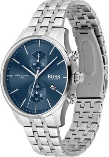 Visage cadran Hugo Boss 1513384 détail index bâton et aiguilles luminescentes, date à 3h, mouvement quartz précis
