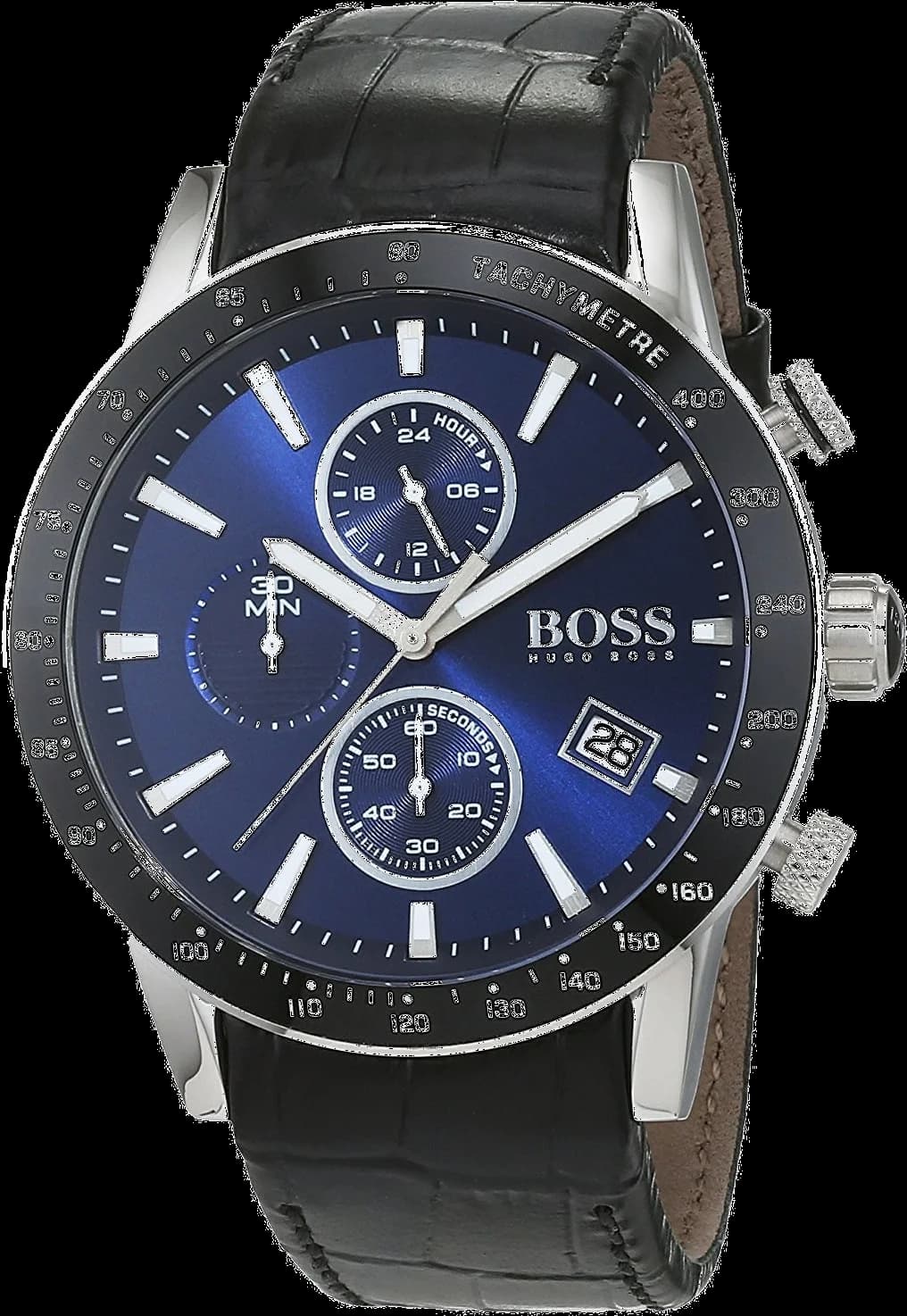 Garde-temps Hugo Boss 1513391 avec cadran bleu profond soleillé, aiguilles facettées et compteurs chronographe blancs