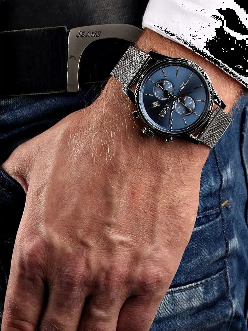 Attache bracelet Hugo Boss 1513441 en maille milanaise acier inoxydable, fermoir déployant, maillage fin et flexible