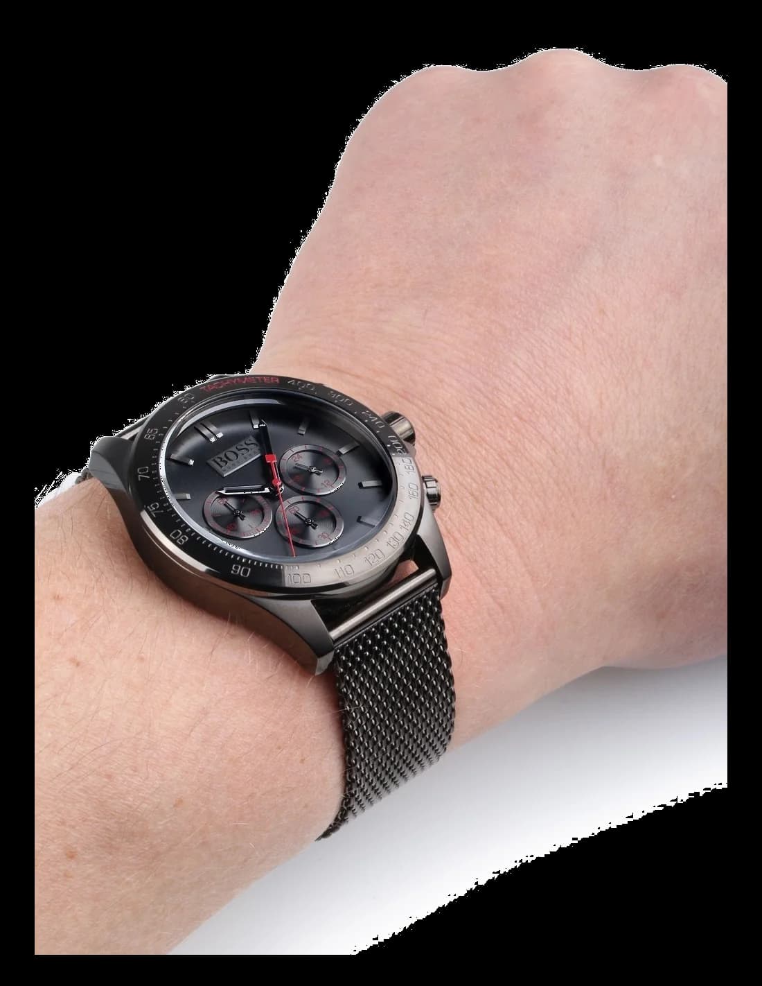 Attache bracelet Hugo Boss 1513443 en maille milanaise acier inoxydable gris brossé, fermoir déployant sécurisé