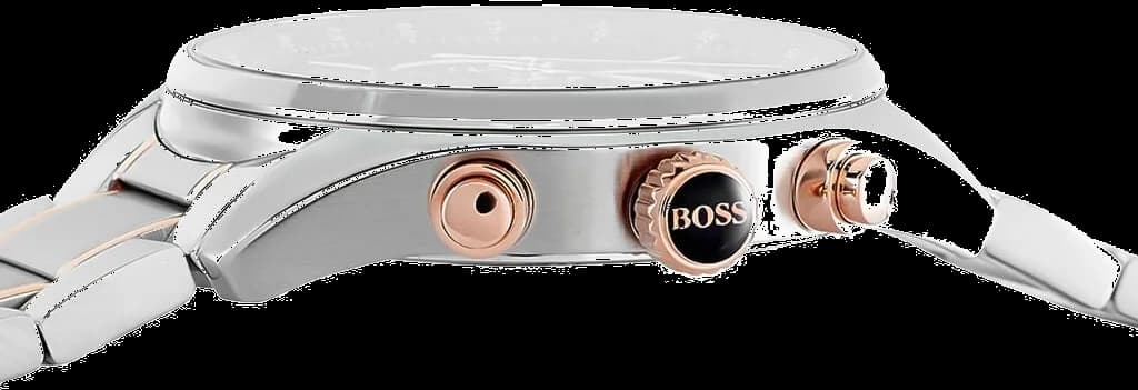 Attache bracelet Hugo Boss 1513473 en acier bicolore or jaune et argent, maillons polis et satinés, fermoir déployant double sécurité