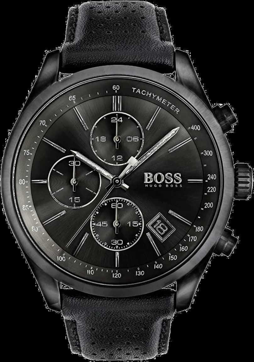 Montre Homme Hugo Boss 1513474 Chronomètre, Boîtier Noir Acier, Bracelet Cuir Noir Surpiqué