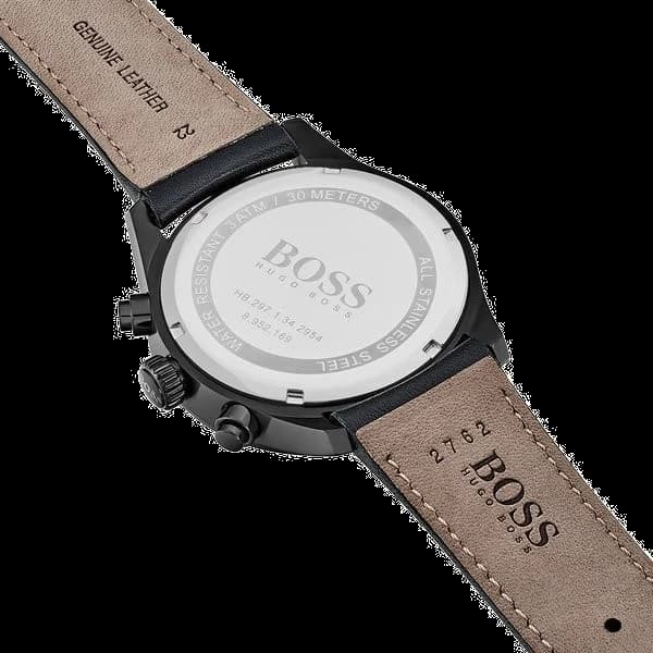 Attache bracelet Hugo Boss 1513474 cuir noir surpiqué cousu main, boucle ardillon acier inoxydable signée