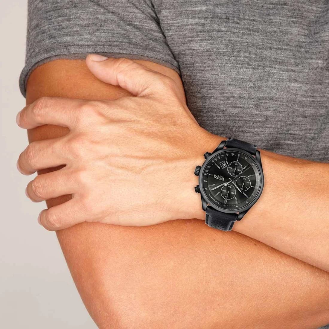 Montre Homme Hugo Boss 1513474 Chronomètre, Boîtier Noir Acier, Bracelet Cuir Noir Surpiqué vue 5