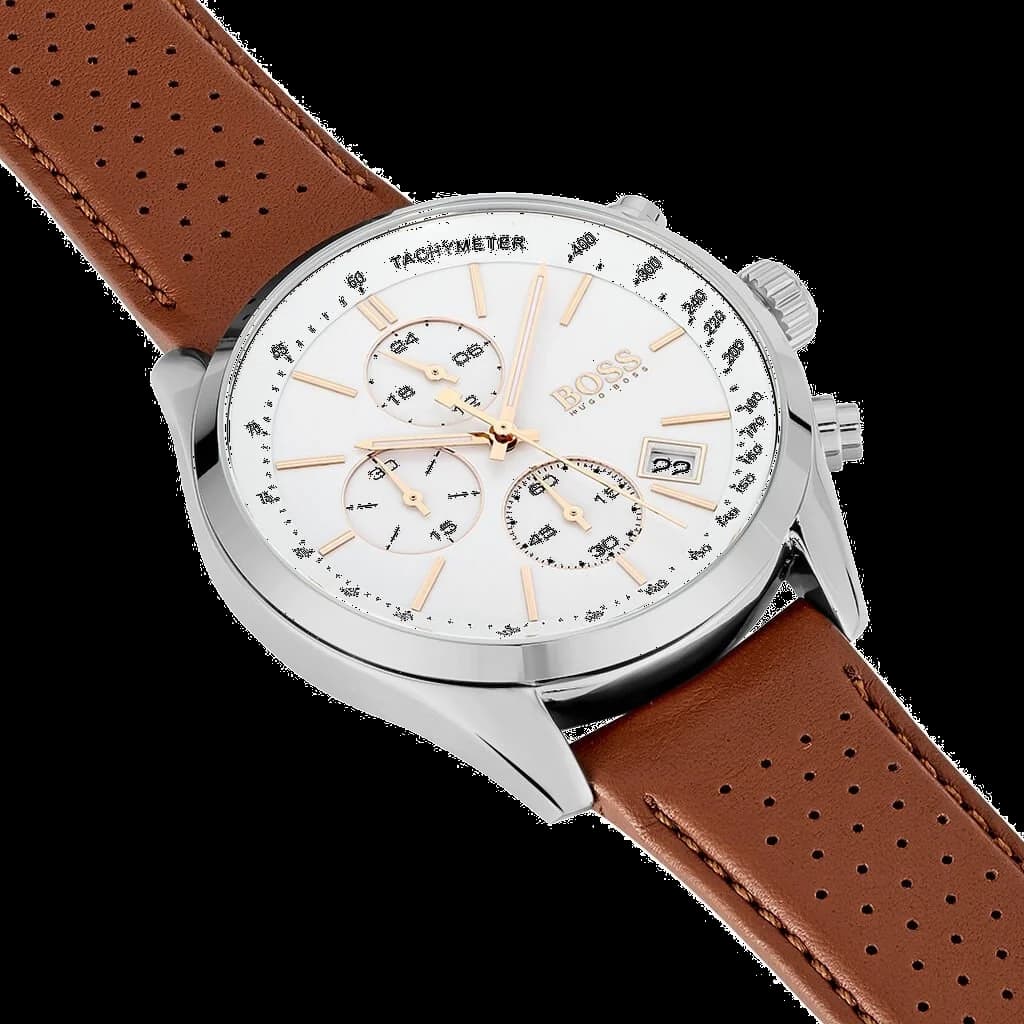 Visage cadran Hugo Boss 1513475 dévoile index bâton polis, aiguilles dauphine et guichet date à 3h sur fond argenté