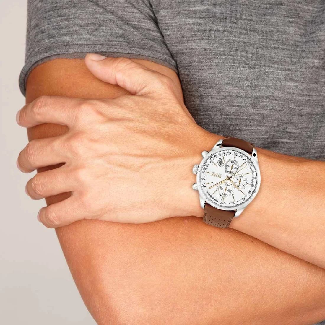 Montre Homme Hugo Boss 1513475 Cadran Blanc Boîtier Argent Bracelet Cuir Marron vue 5