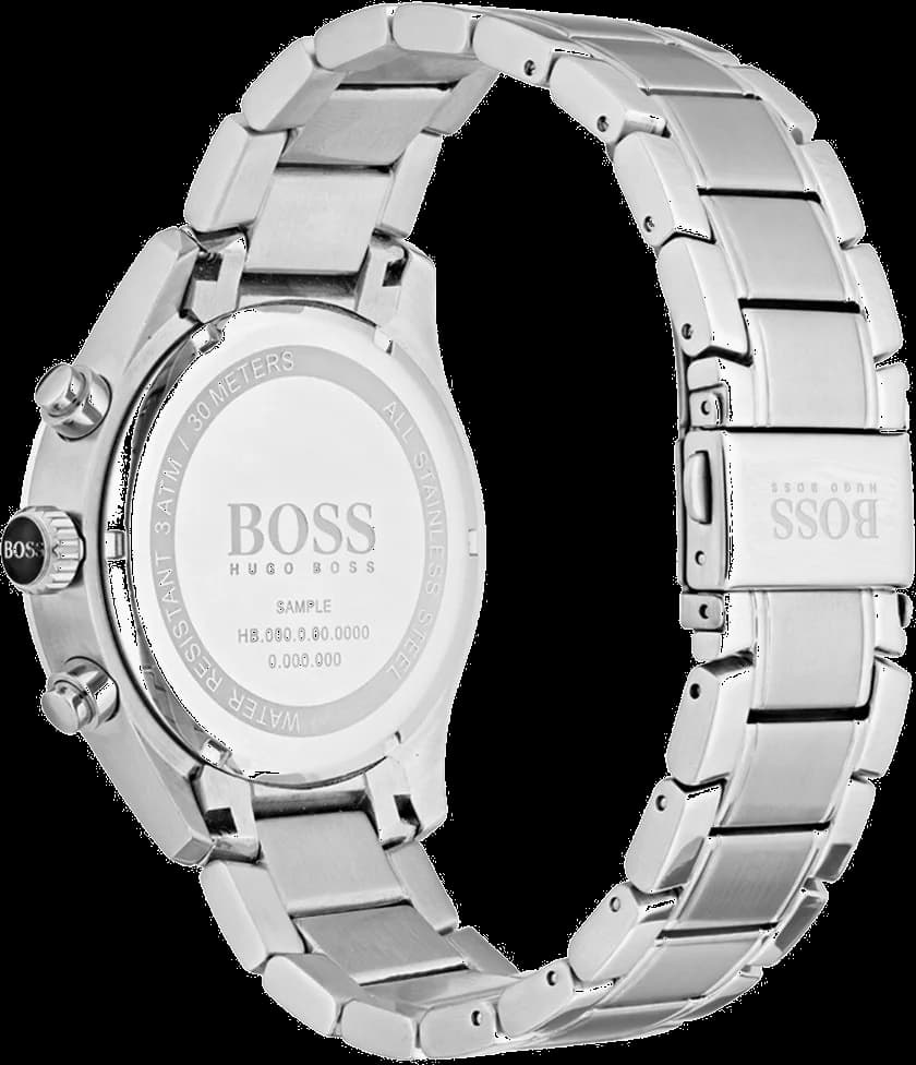 Visage cadran Hugo Boss 1513478 dévoile des chiffres romains, guichet date à 3h et compteurs chronographe sur fond bleu texturé