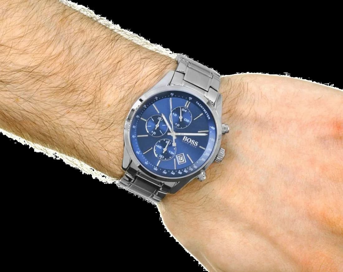 Lunette boîtier Hugo Boss 1513478 en acier inoxydable de 44 mm, lunette fixe polie, verre saphir antireflet et poussoirs chronographe vissés