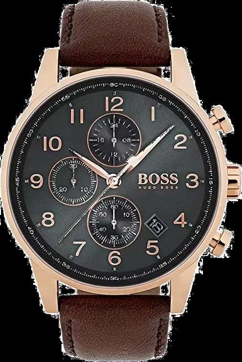 Garde-temps Hugo Boss 1513496 avec cadran soleil noir, compteurs chronographe, aiguilles luminescentes et index appliqués sur fond marron